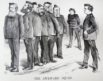 DET AKKÆVEDE TROP. John Tenniel tegnefilm. De vanskeligheder Disraeli havde med forskellige meninger i sit kabinet om politikker om den russisk/tyrkiske krig af John Tenniel