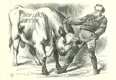 At tage den (irske) tyr ved hornene: Lovforslaget blev vedtaget af parlamentet den 15. februar 1870 og fik kongelig godkendelse den 8. juli. William Gladstone, premierminister, der behandler spørgsmålet. John Tenniel tegnefilm fra Punch, London, 26. februa af John Tenniel