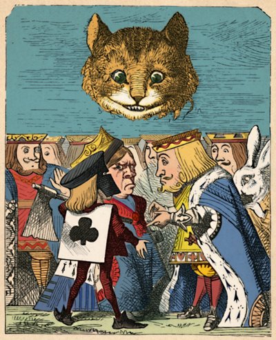 Cheshire-katten ser ned på den røde konge og dronning, der skændes, 1889 af John Tenniel