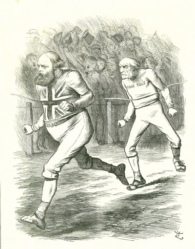 Afslutningen: Folketingsvalget 1886. Gladstone (liberal) tog til landet over sit lovforslag om hjemmestyre for Irland. Salisbury (konservativ opposition) slår Gladstone til målstregen. John Tenniel tegnefilm fra Punch, London af John Tenniel