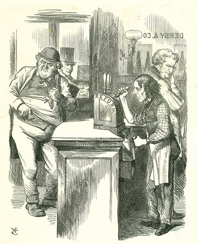 The Honest Pot Boy: Reform of Parliament - forlængelse af franchisen. Disraeli serverer reform for John Bull overvåget af hans parlamentariske opposition. Han fremlagde og gennemførte sit reformforslag. Tenniel tegnefilm fra Punch, London af John Tenniel