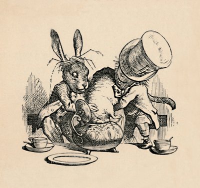 Den gale hattemager og martsharen forsøger at putte sovemusen i en tekande, 1889 af John Tenniel