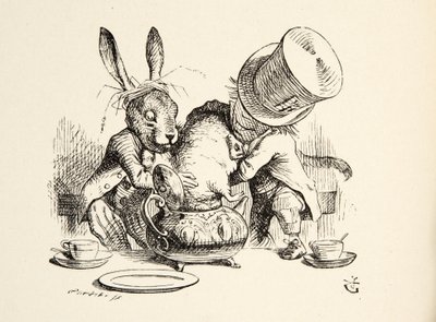 The Mad Hatter and the March Hare putting the Dormouse in the Teapot, fra Alices Adventures in Wonderland af Lewis Carroll (1832 - 98), pub. 1891 af John Tenniel