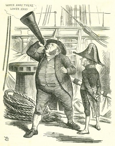 The Officious Passenger: Reform of Parliament - forlængelse af franchisen. Premierministeren, Lord John Russell, bad John Bright om at stoppe med at udbasunere reformlovforslaget. Russell besejret af parlamentet på reformforslaget i maj 1866. John Tenniel  af John Tenniel