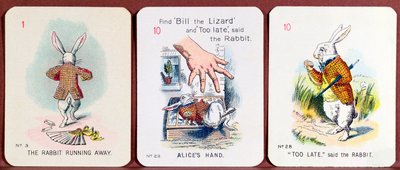 Tre Happy Family-kort, der viser karakterer fra Alice i Eventyrland af Lewis Carroll af John Tenniel