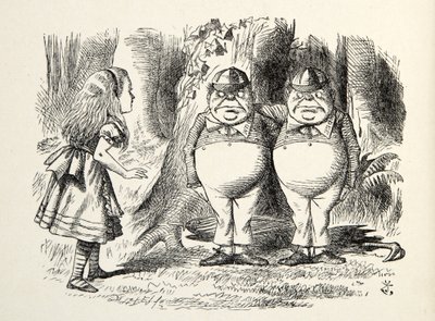 Tweedledum og Tweedledee, illustration fra Through the Looking Glass, af Lewis Carroll (1832 - 98), 1872 af John Tenniel