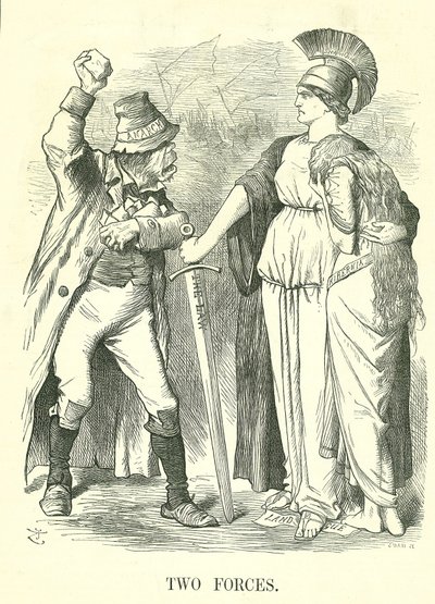 To styrker: Irish Land League forbudt. Britannia beskytter Hibernia (Irland) med lovens kraft mod anarkiets kraft. John Tenniel tegnefilm fra Punch, London, 29. oktober 1881. af John Tenniel