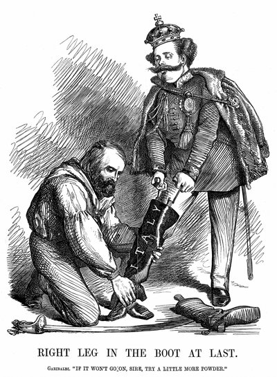 Genforening af Italien: Giuseppe Garibaldi (1807-1882) hjælper Victor Emmanuel II (1820-78) med at tage Italiens støvle på. John Tenniel tegnefilm fra Punch, London af John Tenniel