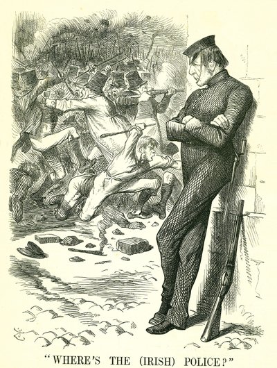 Hvor er det (irske) politi?: William Gladstone, britisk premierminister, ser urolighederne i Irland og venter på at gribe ind. I april blev en ny irsk fredsbevarelseslov vedtaget af parlamentet. John Tenniel tegnefilm fra Punch, London af John Tenniel
