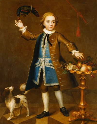 Portræt af en dreng, i fuld længde, i en brun frakke, blå vest med sølvfletning, holder et kirsebær til en papegøje, en spaniel ved siden af, med frugter på et stativ, 1741 af John Theodore Heins