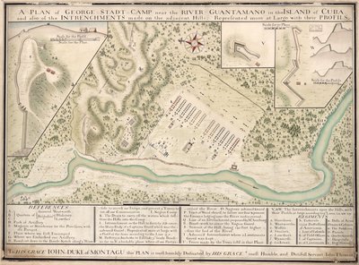En plan over George Stadt Camp nær floden Guantamano på øen Cuba og også over de skanser, der er lavet på de tilstødende bakker, vist mere i stort med deres profiler LOC 2010592464 af John Thomas