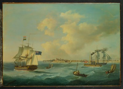 En fregat med 44 kanoner, en passagerhjul-damper og anden forsendelse fra St.Peter Port, Guernsey, 1825 af John Thomas Serres