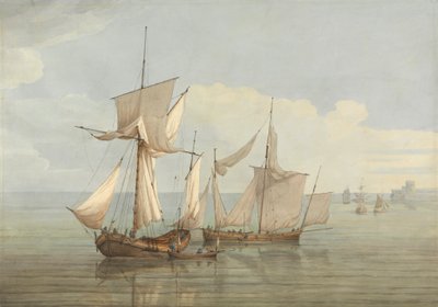 En Hoy og en Lugger med anden Skibsfart paa et roligt Hav af John Thomas Serres