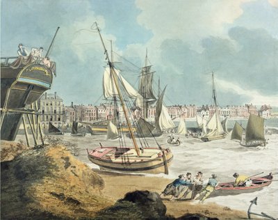 Havn i Weymouth, Dorset, 1805 (pen, blæk og akvarel på papir) af John Thomas Serres