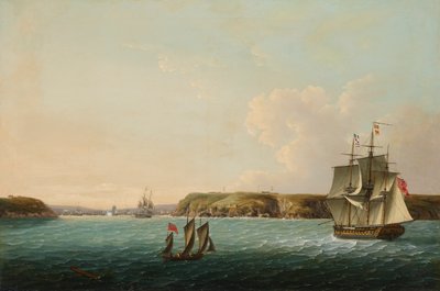Kysten og indsejlingen til Brest, hvor HMS Boadicea giver signal til en fregat om antallet af franske og spanske skibe, der ligger for anker i havnen. af John Thomas Serres
