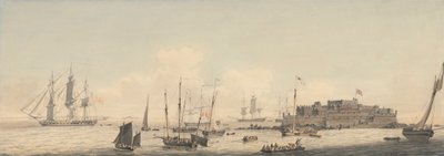 Udsigt over Castle Cornet, Guernsey, Kanaløerne, med forsendelse af John Thomas Serres