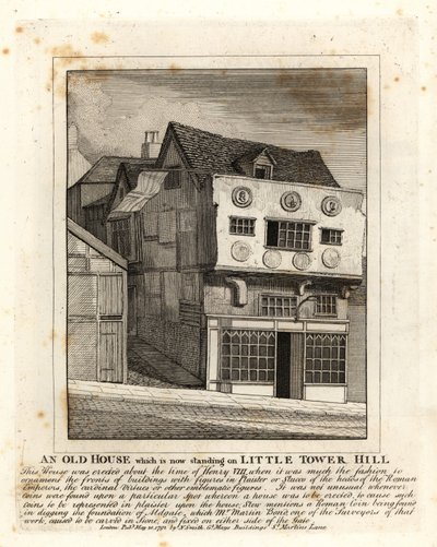 Et gammelt Tudor-hus, der står på Little Tower Hill, London af John Thomas Smith