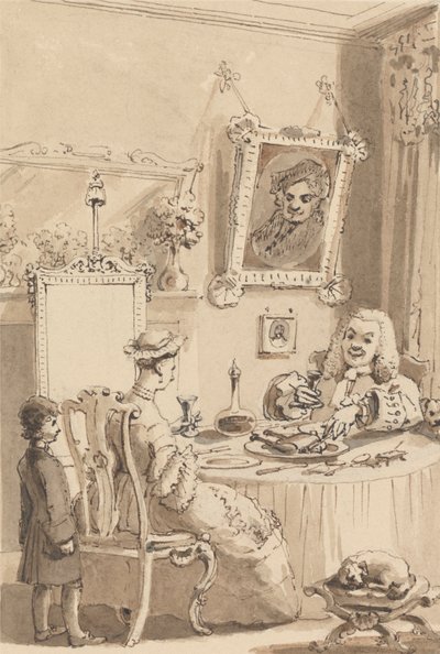 Hogarth drikker det første glas vin med sin kone - Deres hunde holder respektfuld afstand af John Thomas Smith