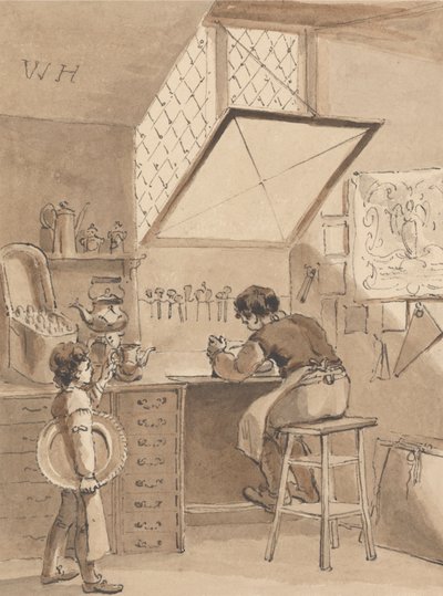 Hogarth graverer sin mesters butik-billed the Sign of the Angel af John Thomas Smith