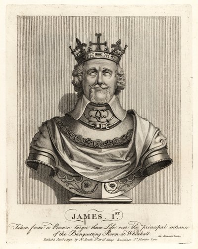 Kong James I af England taget fra en bronzebuste over indgangen til festlokalet i Whitehall af John Thomas Smith