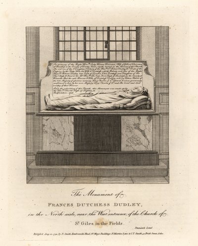 Monument for Lady Frances Kniveton, hertuginde af Dudley, hustru til Sir Gilbert Kniveton, i kirken St Giles in the Fields af John Thomas Smith