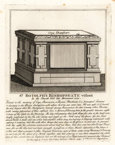 Muslimsk gravmonument i alterstil over Coya Shawsware eller Khwaja Shahsuwar (1582-1626), en købmand og sekretær for Nogdi tigger den persiske ambassadør, tidligere i St. Botolphs, Bishopsgate af John Thomas Smith