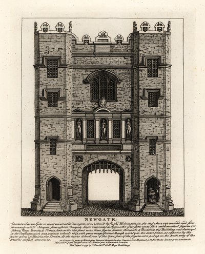 Newgate, genopbygget i 1672 efter branden i London, med tre figurer Retfærdighed, Fortitude og Prudence fra den tidligere port bygget af Londons borgmester Richard Wittington af John Thomas Smith