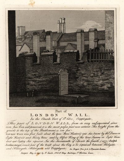 En del af den gamle London-mur i kirkegården St Giles, Cripplegate, London af John Thomas Smith