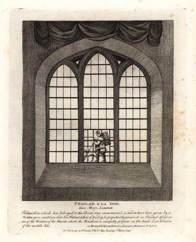 Pedlar og hans hund i det farvede glasvindue i kirken ved Saint Mary-at-Lambeth af John Thomas Smith