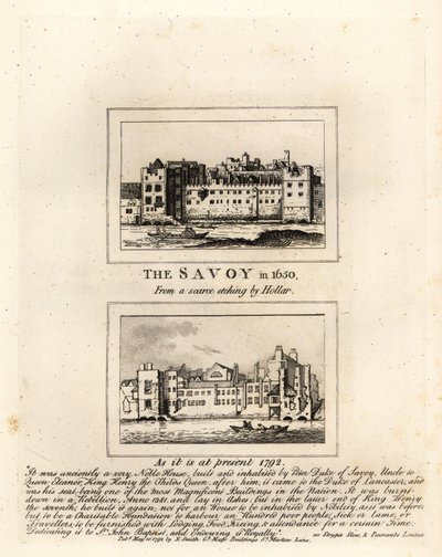 Savoy Hospital i 1650 fra et tryk af Wenceslaus Hollar og i ruiner i 1792 af John Thomas Smith