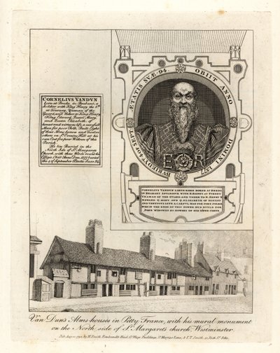 Van Duns almuehuse i Petty France med sit vægmaleri i St Margarets Church, Westminster af John Thomas Smith