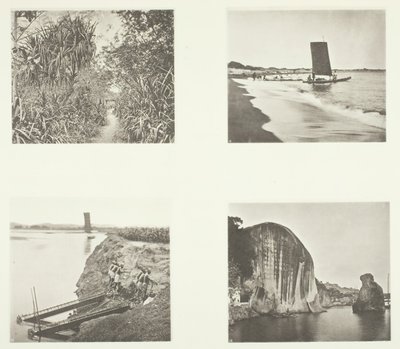 En landevej nær Taiwanfu, en katamaran, kædepumper, steninskriptioner, Amoy, ca. 1868. af John Thomson