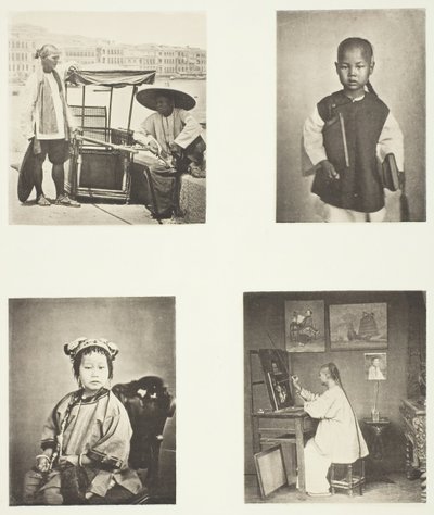 En Hong-Kong Sedan-stol, en kinesisk skoledreng, en kinesisk pige, en Hong-Kong-kunstner, ca. 1868. af John Thomson