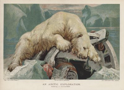 En arktisk udforskning: en isbjørn, der undersøger genstande fra en arktisk ekspedition (chromolitho) af John Trivett Nettleship
