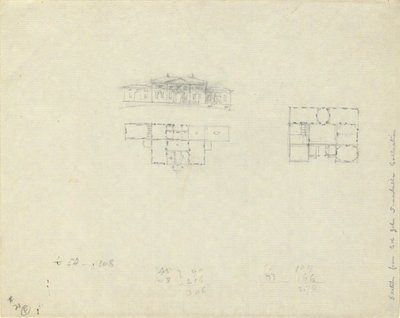 Opstalt og grundplan for stort hus af John Trumbull