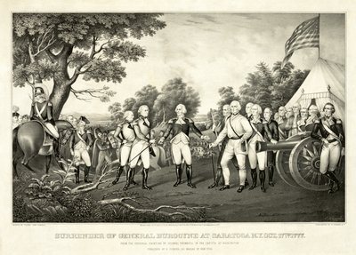 Overgivelse af general Burgoyne i Saratoga, N.Y., 17. oktober 1777, pub. N. Currier af John Trumbull