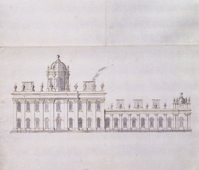 Castle Howard, Yorkshire: En skematisk blyantskitse, der viser udviklingen af forgårdsvingerne, ca. 1699 (pen og brunt blæk og grå vask) af John Vanbrugh