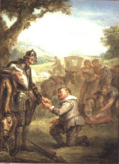 Don Quixote efter duellen med den modige Biscayan læner sig op ad sin hest Rosinante, mens Sancho Panchez beder om guvernørposten på øen Barataria, scene fra Cervantes