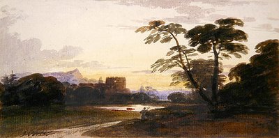 En figur i et skovklædt landskab (akvarel på papir) af John Varley