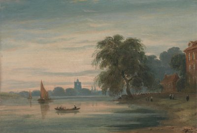 Udsigt langs Themsen mod Chelsea Old Church af John Varley