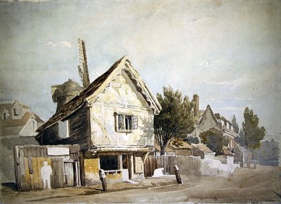 En gade med gamle huse, en vindmølle bagved (akvarel på papir) af John Varley