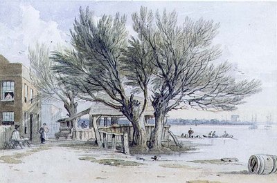 Bygninger og pollardede træer på Themsen, Millbank (akvarel, blyant, pen og blæk) af John Varley