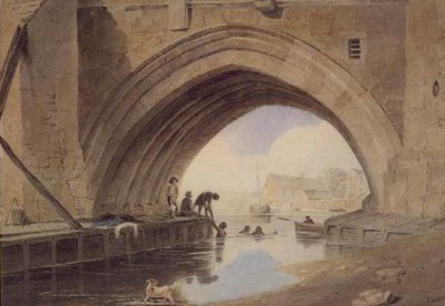 Børn svømmer under Ouse Bridge i York af John Varley