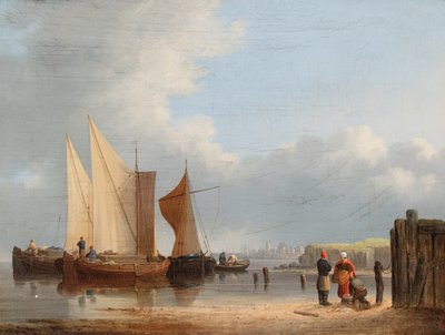 Hollandske både i vindstille (olie på panel) af John Ward