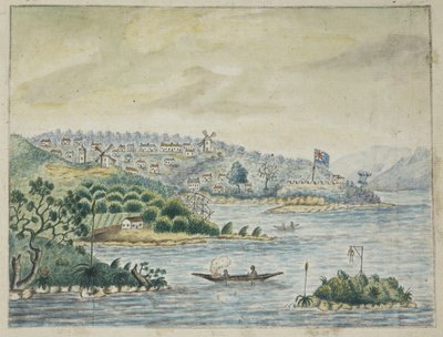 Tilføje. 13880, f.79 Udsigt over en britisk koloni. I forgrunden, indfødte i en kano, fra en Journal holdt ombord på Minerva-transporten, fra Irland til New South Wales og Bengal, af John Washington Price af John Washington Price