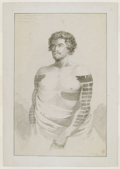 (Hel tegning) Portræt af en høvding fra Borabora, [Puni?]; en skægget mand med arme stærkt tatoveret med flade rektangulære pletter og et stort plaster på venstre side. december 1777 af John Webber