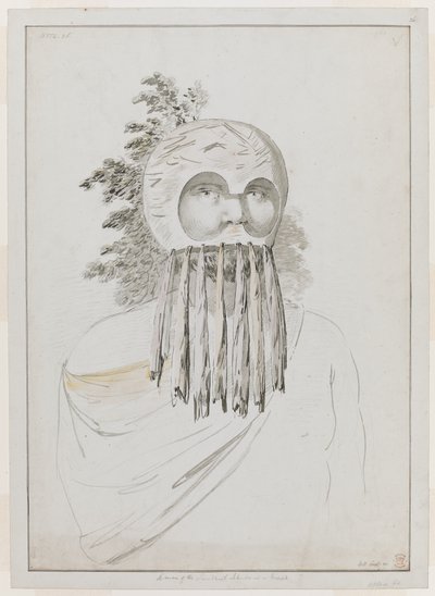 En mand fra Sandwichøerne i en maske. En mand fra Sandwichøerne i en maske bestående af en skålhovedbeklædning med udskæringer til øjnene. af John Webber