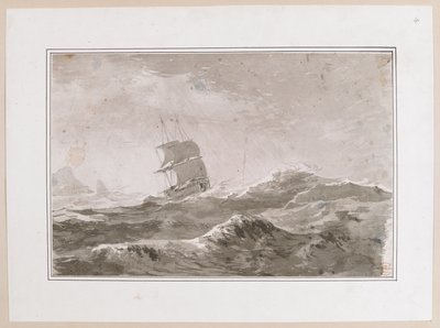 Tegning af et europæisk fartøj under sejl i kraftig sø; sandsynligvis ikke et af Cooks skibe. Lavet under Captain Cooks tredje rejse. af John Webber