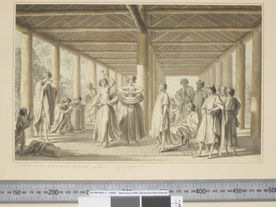 F.14 En anden scene, en dans i Otaheite, eksteriør, ca. 1773-84 (akvarel) af John Webber