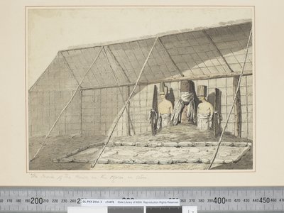 F.18 Indersiden af huset, i Morai, i Atooi, ca. 1773-84 (akvarel) af John Webber